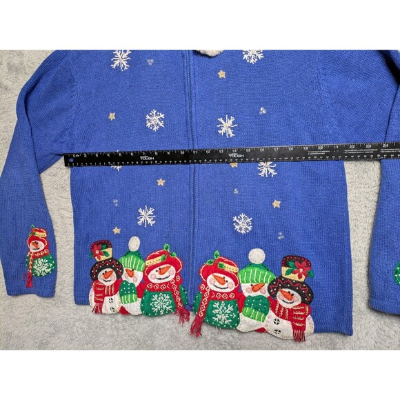 Heirloom Collections Blue Snowman Cardigan Sweater Faux Fur Collar Size Large - Picture 5 of 9
